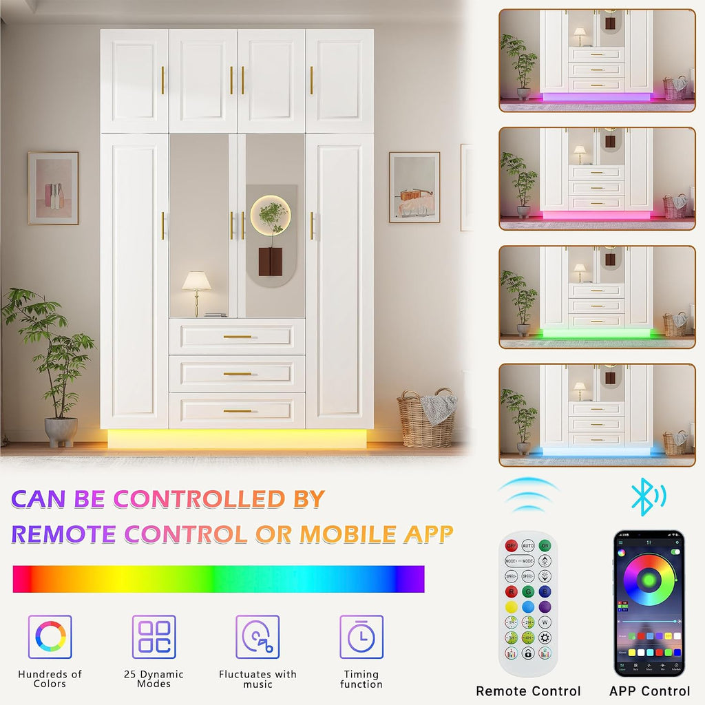 Hlivelood Large Armoire Wardrobe Closet Cabinet with Drawers and LED Lights, Multi-Tier Shelves, Hanging Rod, Large Capacity Storage 4 Door Wardrobe Armoire with Top Cabinet for Bedroom, White