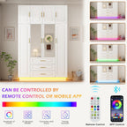 Hlivelood Large Armoire Wardrobe Closet Cabinet with Drawers and LED Lights, Multi-Tier Shelves, Hanging Rod, Large Capacity Storage 4 Door Wardrobe Armoire with Top Cabinet for Bedroom, White