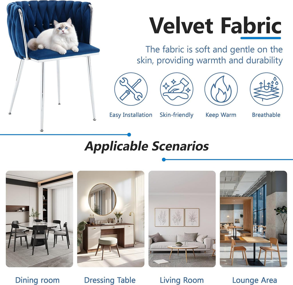 Velvet Dining Chairs Velvet Woven Upholstered Dining Room Chair Modern Armrest Lounge Chair with Metal Legs for Dining Kitchen Vanity Chair for Makeup Room (Navy+Sliver Leg, Set of 2)