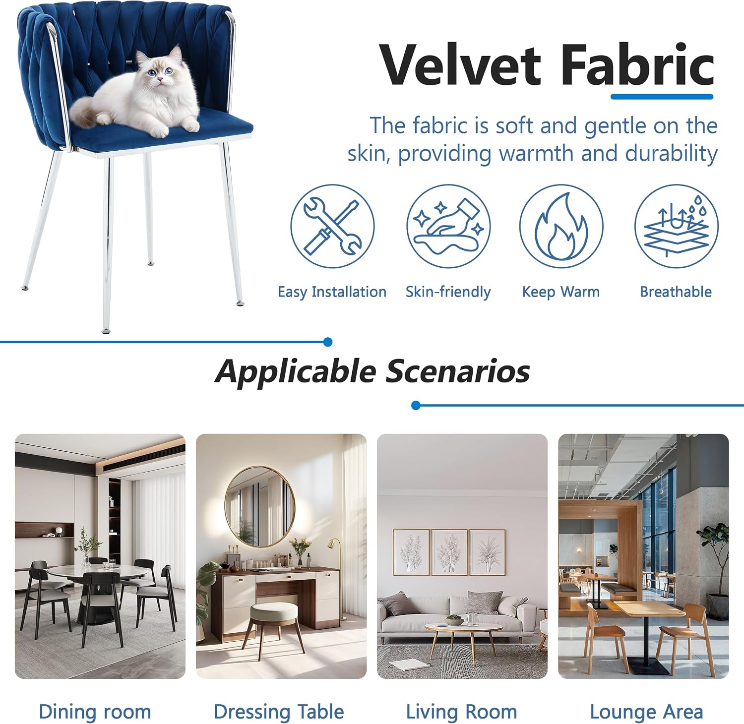 Velvet Dining Chairs Velvet Woven Upholstered Dining Room Chair Modern Armrest Lounge Chair with Metal Legs for Dining Kitchen Vanity Chair for Makeup Room (Navy+Sliver Leg, Set of 2)