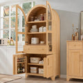 SOFTSEA Arched Kitchen Pantry Cabinet, with Hidden Drawer & Glass Door, 71" Tall Farmhouse Storage Cabinet with Open & Adjustable Shelves, Kitchen Hutch with Door Shelves for Living Room, Natural