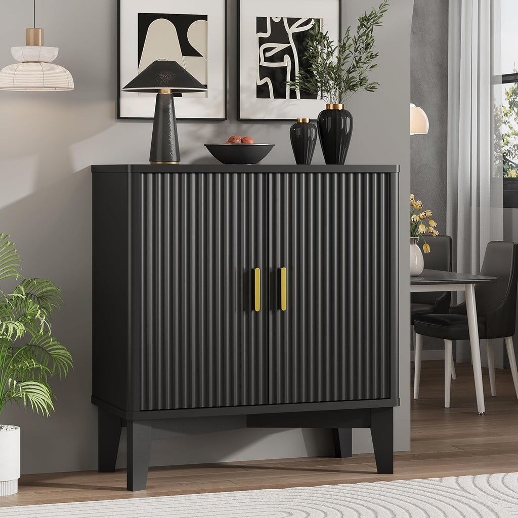 Xixini Fluted Buffet Sideboard Cabinet with Storage, 30" Mid Century Modern Coffee Wine Bar with Adjustable Shelves, Wood Small Buffet Table with 2 Doors for Kitchen, Dining Room, Living Room, Black