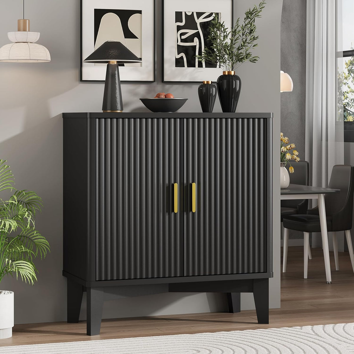 Xixini Fluted Buffet Sideboard Cabinet with Storage, 30" Mid Century Modern Coffee Wine Bar with Adjustable Shelves, Wood Small Buffet Table with 2 Doors for Kitchen, Dining Room, Living Room, Black