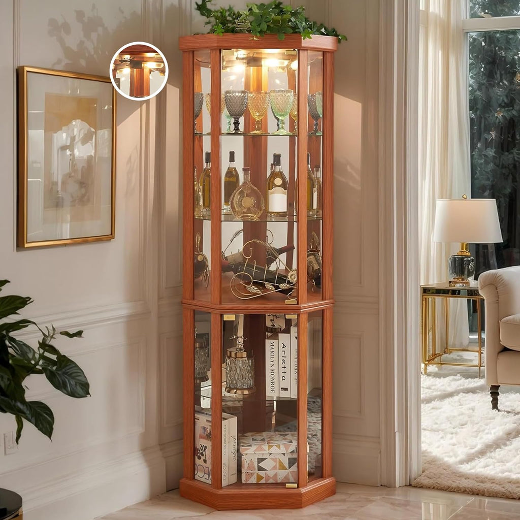 70" H Lighted Corner Curio Cabinet, Glass Display Cage with Tempered Glass Doors and 5 Adjustable Shelves, Wine Cabinet Storage Rack for Bar and Liquor Storage (Dark Oak)