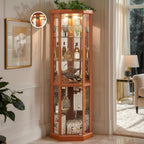 70" H Lighted Corner Curio Cabinet, Glass Display Cage with Tempered Glass Doors and 5 Adjustable Shelves, Wine Cabinet Storage Rack for Bar and Liquor Storage (Dark Oak)
