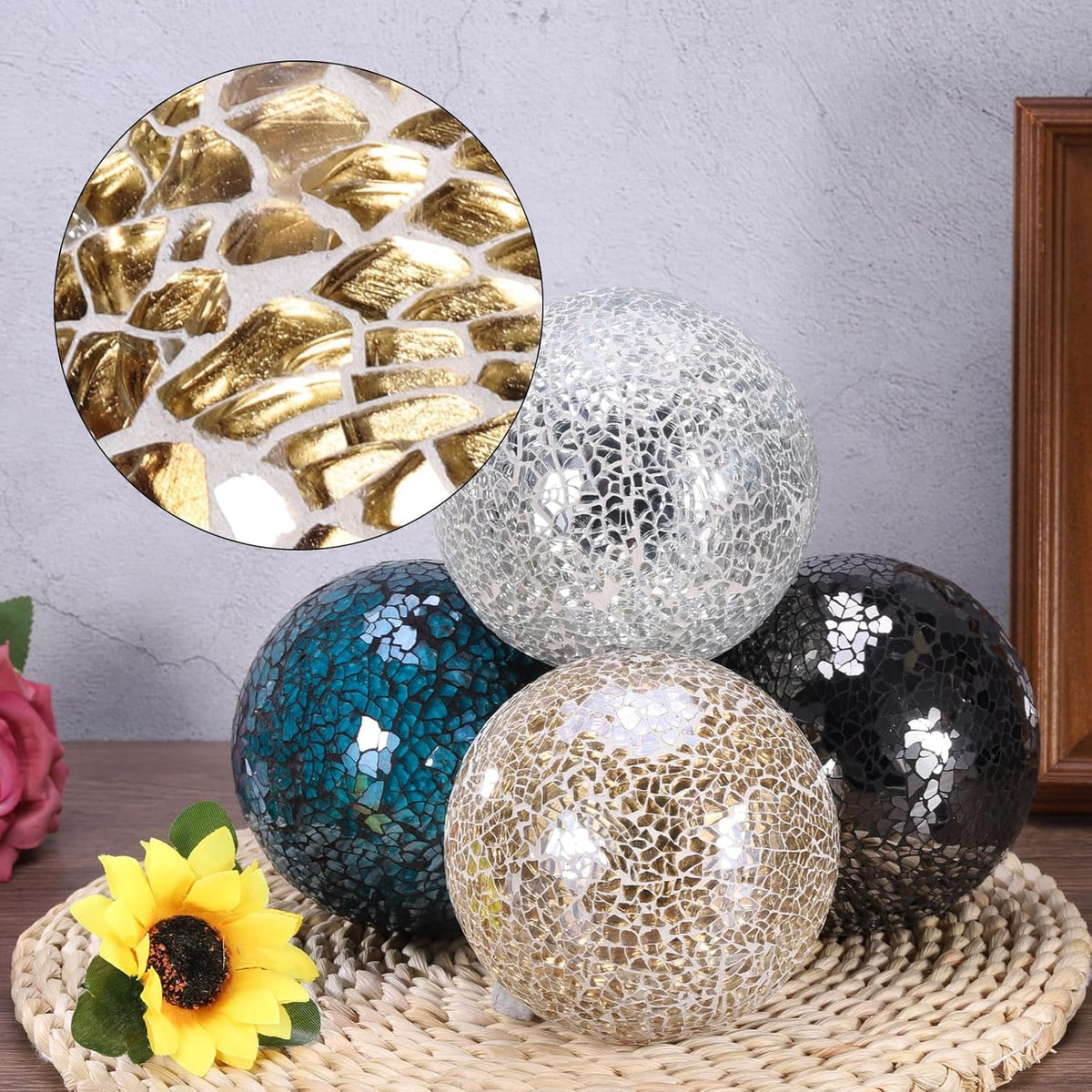 uxcell 4" Decorative Balls, 3 Pcs Mosaic Glass Balls, Decorative Table Sphere Orbs, Centerpiece Balls for Decorating Bowls Vase Tables Wedding Party, Black