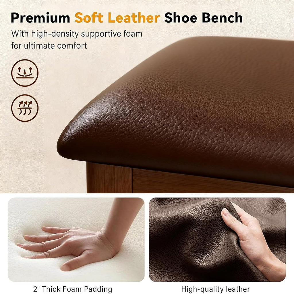 Shoe Bench Storage with Leather Cushion, Rustic Solid Wood Entryway Bench with 2 Height-Adjustable and Removable Shelves for Hallway, Living Room, Mudrooms (Dark Brown,39.4")