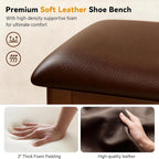 Shoe Bench Storage with Leather Cushion, Rustic Solid Wood Entryway Bench with 2 Height-Adjustable and Removable Shelves for Hallway, Living Room, Mudrooms (Dark Brown,39.4")