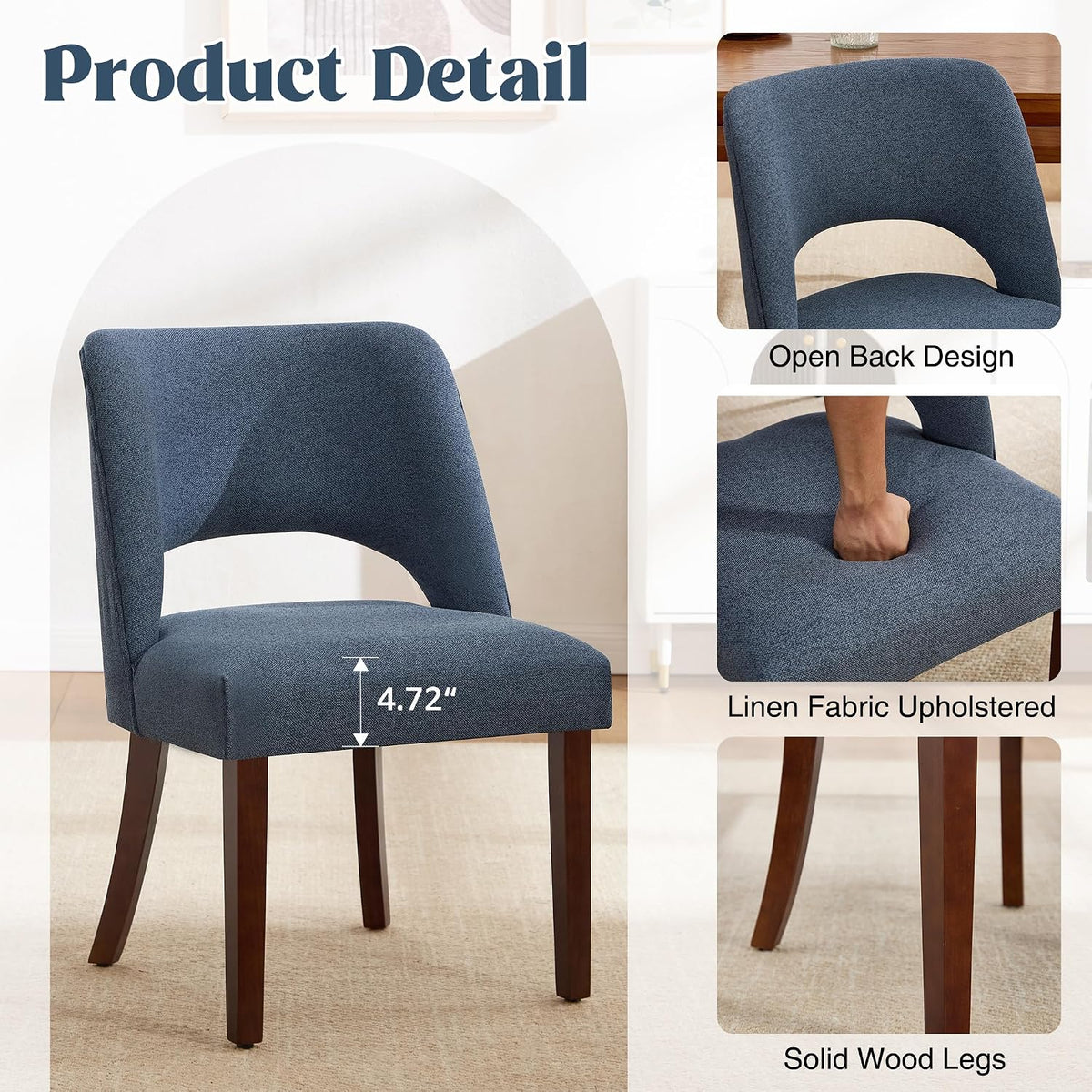 Dining Chairs Set of 6,Modern Dining Room Chairs with Thick Cushions,Upholstered Linen Fabric Kitchen Chairs for Kitchen Dining Room DARKBLUE