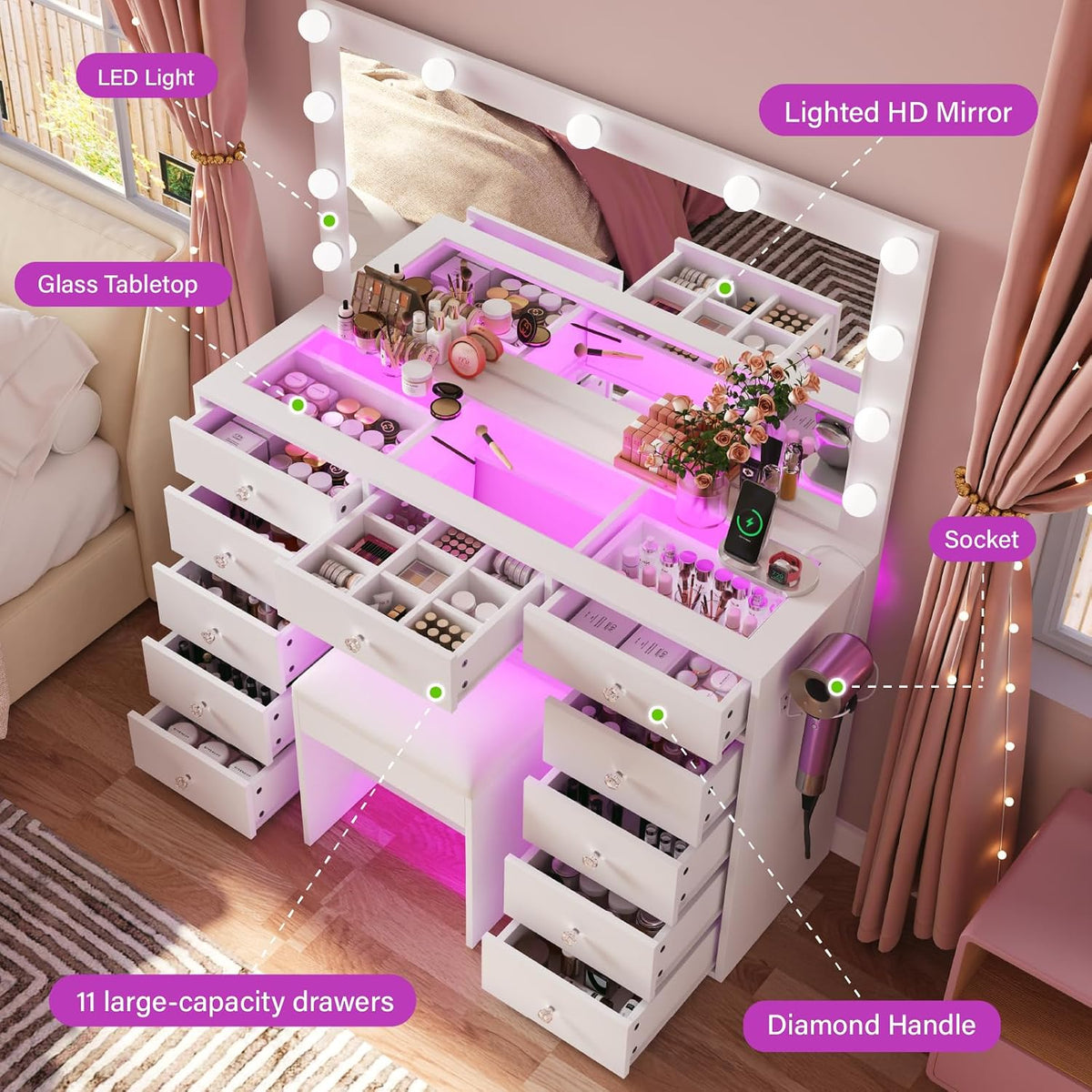 CollaredEagle 45" Large White Vanity Desk with Vibrant RGB Lighting. | 11 Hollywood Style Bulbs, 11 Drawers, Power Outlet, Hair Dryer Holder, Cushioned Stool, Tempered Glass