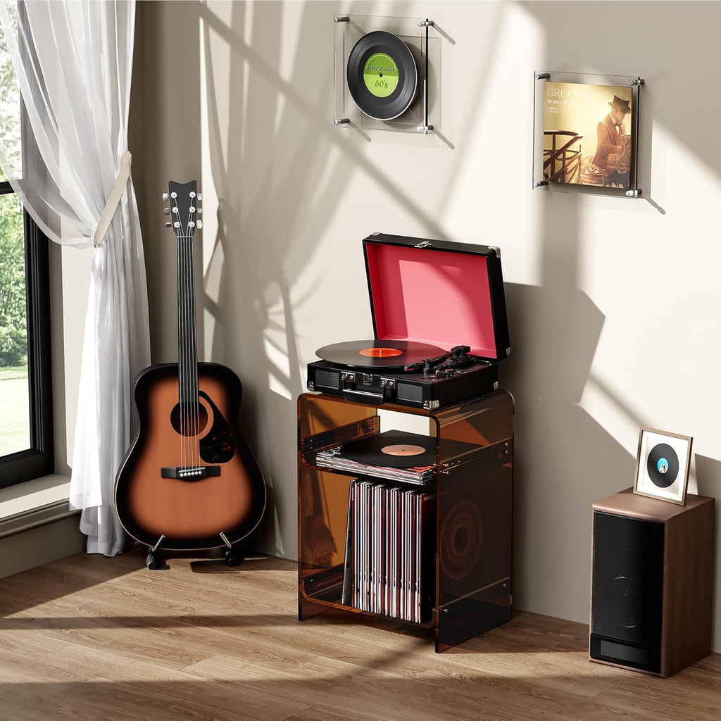 Acrylic Record Player Table with Storage Shelf, Clear Side Table Nightstand (Dark Brown, Medium)