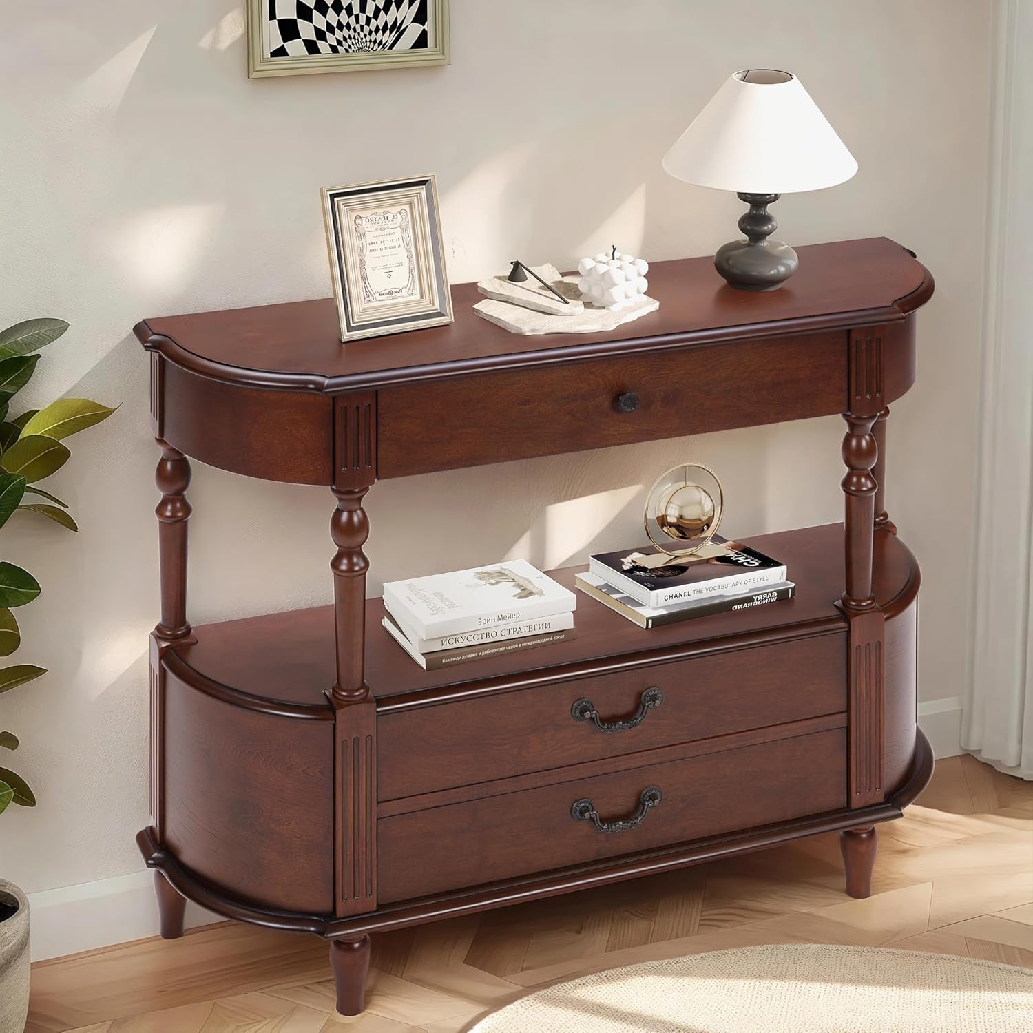 LKTART 43" Half Moon Console Table, Solid Wood Retro Curved Console Table Entryway Table Sofa Table with Solid Pine Roman Legs 3 Drawers 1 Open Shelf for Living Room,Foyer,Hallway(Cherry)
