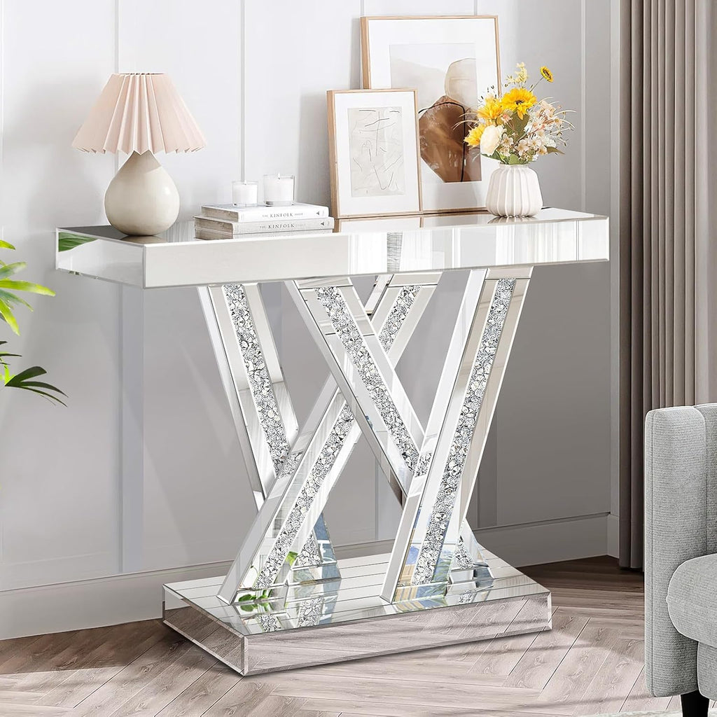 Modern Entryway Console Table with Crushed Diamond Inlay, 35.43" Silver Mirrored Glass Hallway Table for Entryway, Glam Decorative Sofa Tables for Living Room