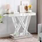 Modern Entryway Console Table with Crushed Diamond Inlay, 35.43" Silver Mirrored Glass Hallway Table for Entryway, Glam Decorative Sofa Tables for Living Room