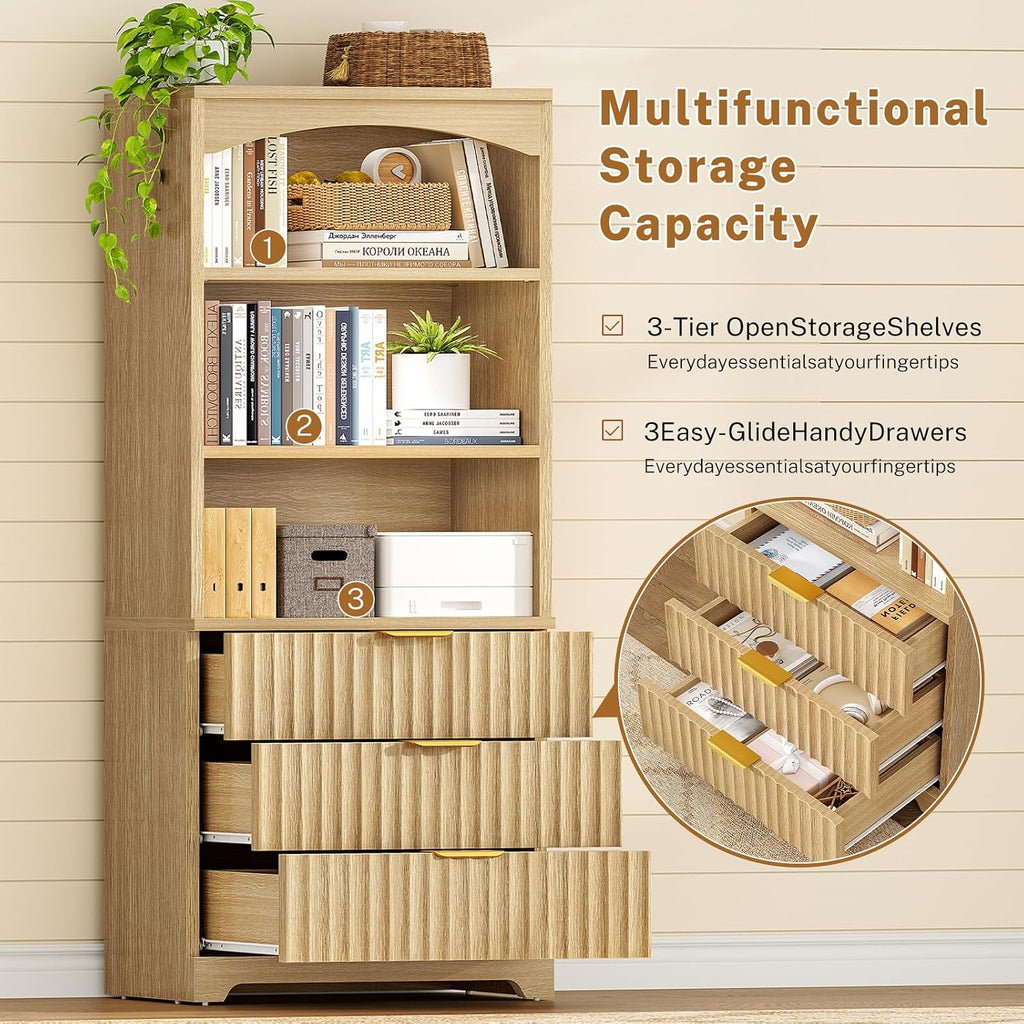 TEENFON 63.3" Tall Bookshelf, Bookshelves and Bookcases with Drawers, Arched Design Bookcase with Storage Cabinet, Natural Wood Grain Wave Pattern Storage Shelves for Living Room, Bedroom,Office