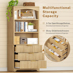 TEENFON 63.3" Tall Bookshelf, Bookshelves and Bookcases with Drawers, Arched Design Bookcase with Storage Cabinet, Natural Wood Grain Wave Pattern Storage Shelves for Living Room, Bedroom,Office