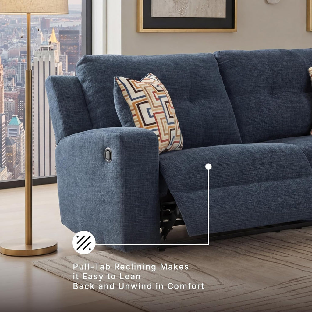 Signature Design by Ashley Danum Modern Manual Pull Tab Reclining Sofa with Tufed Back Cushion, Blue