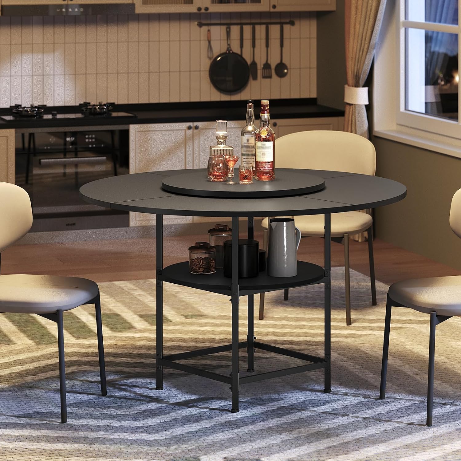 MAHANCRIS Round Dining Table for 4, Dinner Table with Storage Shelf, 47.2'' Dining Room Table, Circle Tables, Farmhouse Wood Kitchen Tables for Dining Room Living Room, Black DTBK12001
