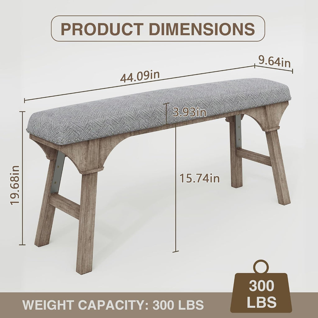DIBRATY 44'' Upholstered Entryway Bench, Vintage Linen Texture End of Bed Bench with Solid Wood Legs, 300 LBS Weight Hallway Shoe Storage Benchs for Kitchen, Living Room, Gray