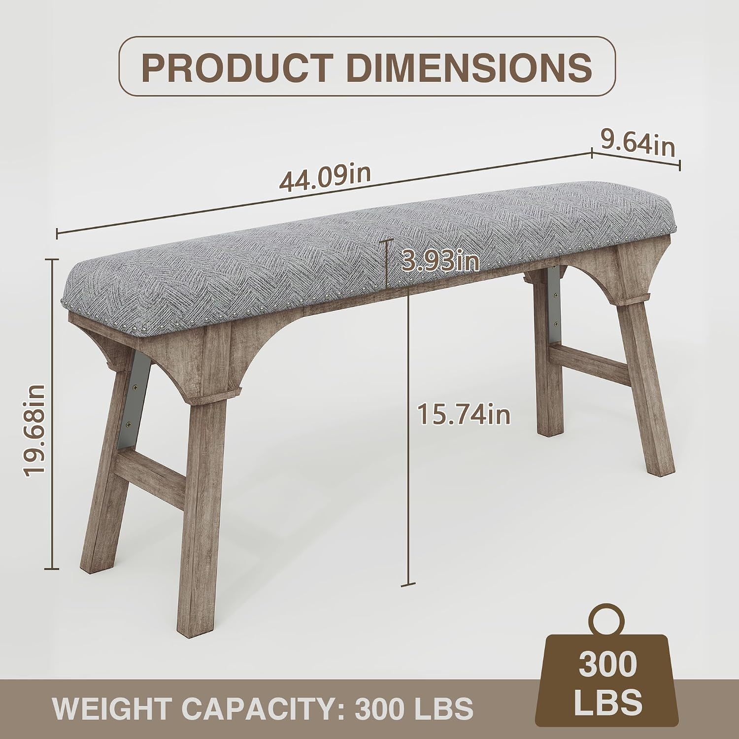 DIBRATY 44'' Upholstered Entryway Bench, Vintage Linen Texture End of Bed Bench with Solid Wood Legs, 300 LBS Weight Hallway Shoe Storage Benchs for Kitchen, Living Room, Gray