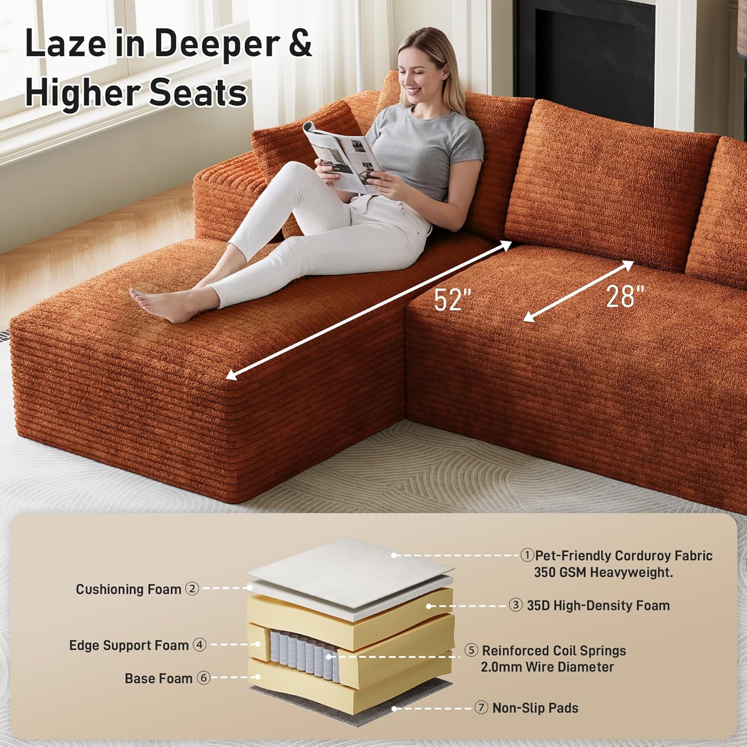 Cloud Sectional Couch Modular Sectional Sofa, 96" Comfy Fluffy Orange L Shaped Couches for Living Room, Deep Seat Plush Corduroy Memory Foam Couch with Left Facing Chaise Sofa