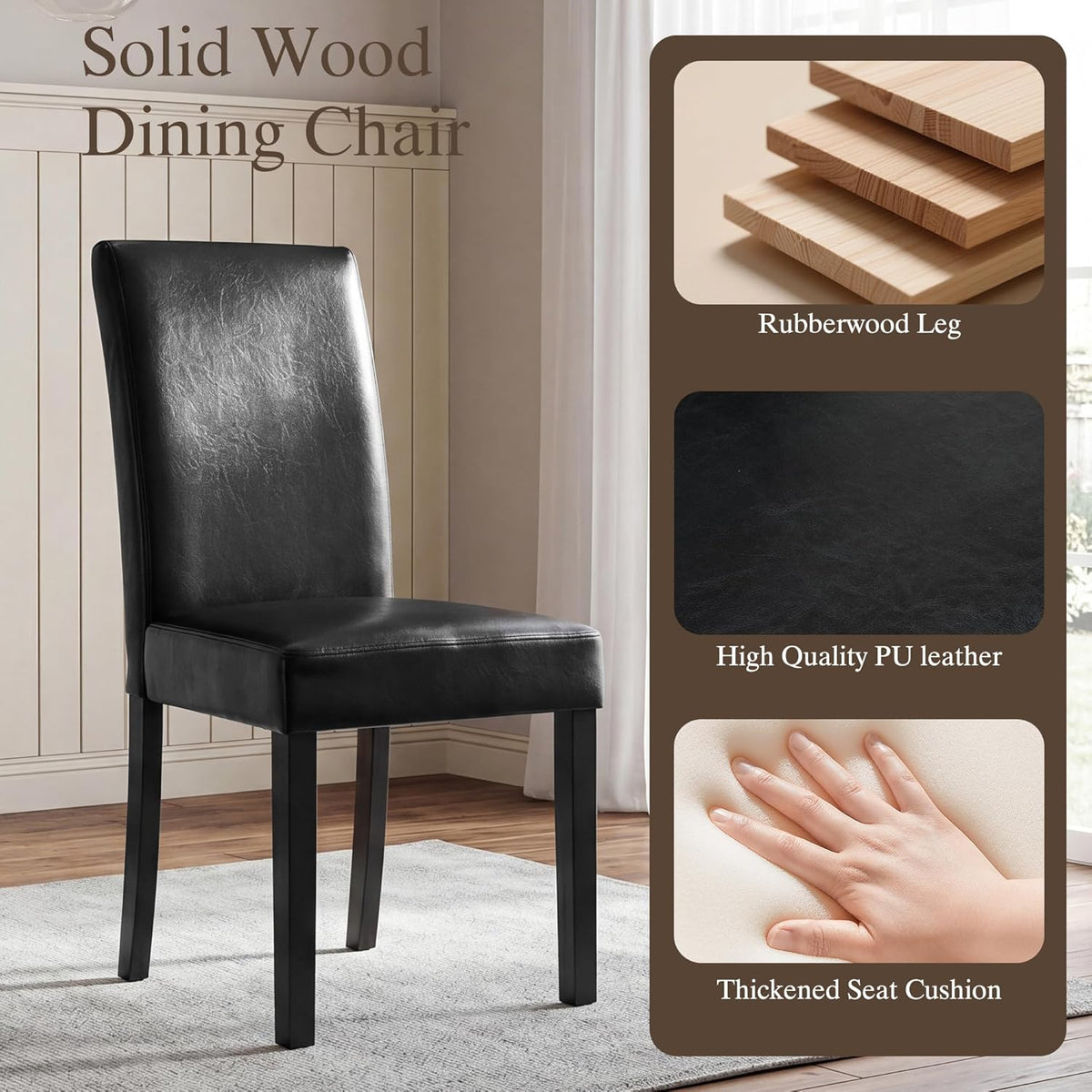 LSSBOUGHT Modern Dining Chair Urban Style Linen Kicthen Chairs with Solid Wood Legs for Dining Room and Restaurant (Black, Set of 6)