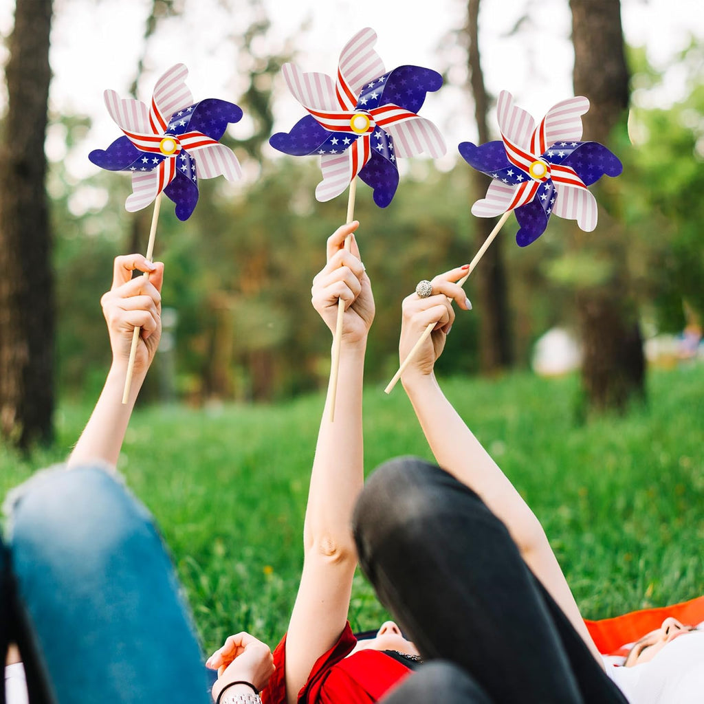 HOOSUN 12 Pcs Patriotic Pinwheels for Yard and Garden Patriotic Decorations,American Flag Pinwheels to Scare Birds Away,Red White and Blue Decorations Reflective Wind Spinners,Veterans Day Decorations