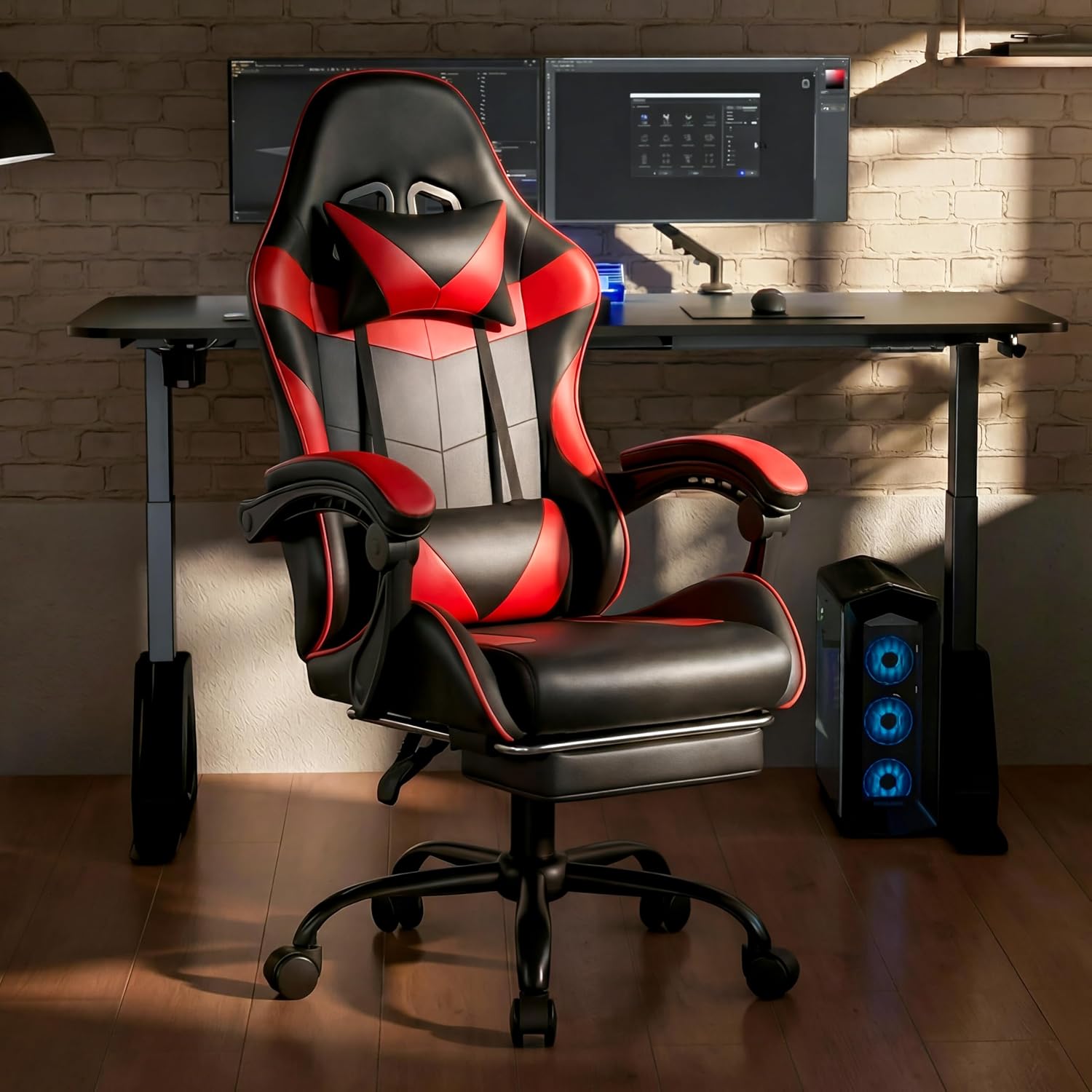 Gaming Chair, Ergonomic Footrest, Lumbar & Headrest(Red Black) | Steel frame, PVC leather & memory foam; 330 lb; 21" seat; 360° swivel, 90–155° recline; easy assembly; gaming & work