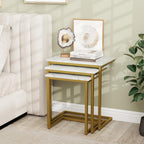 3-Piece Nesting Coffee Table Set, Stackable C-Shape (White Gold) | Faux Marble Top, Robust Steel Frame, Adjustable Foot Pads, Farmhouse Accent, for Living Room, Bedroom, Small Spaces