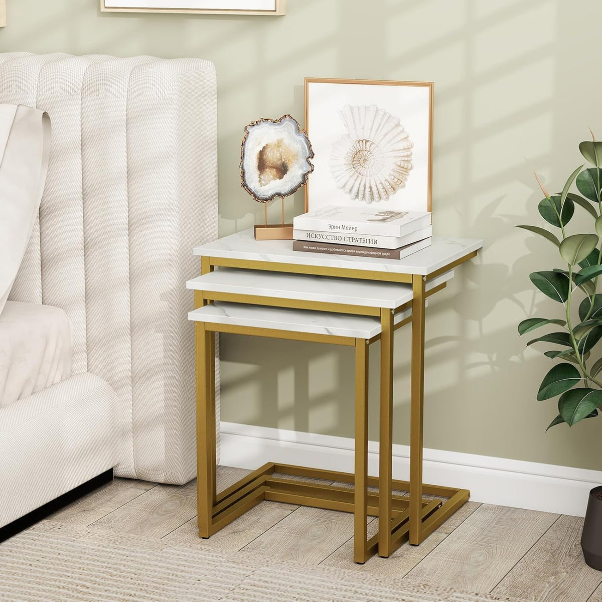 3-Piece Nesting Coffee Table Set, Stackable C-Shape (White Gold) | Faux Marble Top, Robust Steel Frame, Adjustable Foot Pads, Farmhouse Accent, for Living Room, Bedroom, Small Spaces