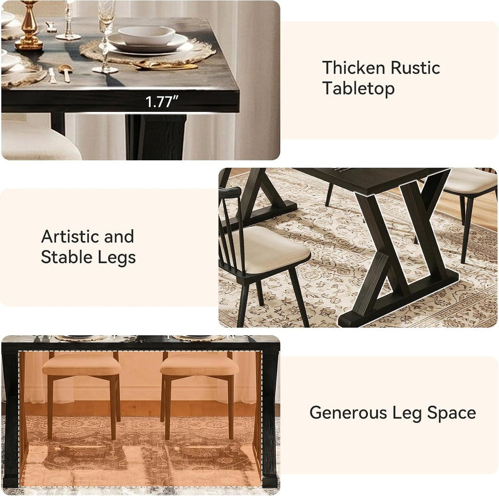 Solid Wood Dining Table for 4-6 People, 63 Inches Wooden Farmhouse Rectangular Kitchen Dinner Table with Heavy-Duty Legs for Home, Living Room, Dining Room, Black