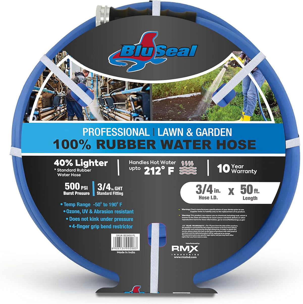 BluSeal Hot/Cold Water Rubber Garden Hose, 100% Rubber, Ultra-Light, Super Strong, 500 PSI, 50F to 190F Degrees, High Strength Polyester Braided (3/4" x 50')