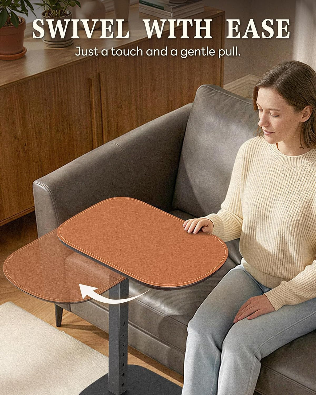 SAIJI Swivel Top TV Table Tray for Living Room Eating and Laptops | Height Adjustable, Heavy Duty Base, Large Size C Shaped Sofa Side Tables, End Tray Table, for Couch & Bedside with Cup Holder