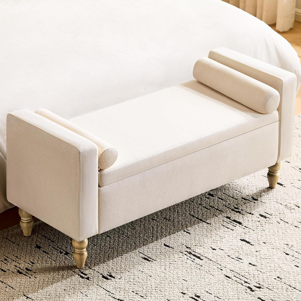 Large Storage Ottoman Bench, 45.7" Linen Upholstered Entryway Bench with Solid Wood Legs, End of Bed Bench, Shoe Bench, Ottoman Storage Chest for Bedroom/Living Room/Entryway,Beige