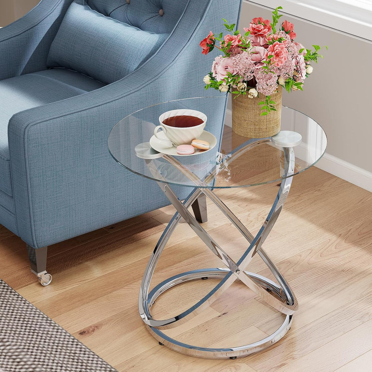 OIOG Glass Round End Table, Modern Contemporary Side Table for Small Space with Tempered Glass Tabletop for Living Room, Chrome Finish