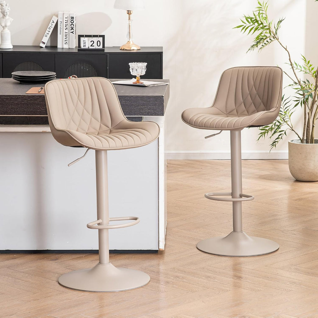 YOUTASTE Bar Stools Set of 2, Adjustable Swivel Counter Height Barstools with Back, All Khaki Faux Leather Upholstered Bar Chairs with Metal Base, Stools for Kitchen Island or Home Bar