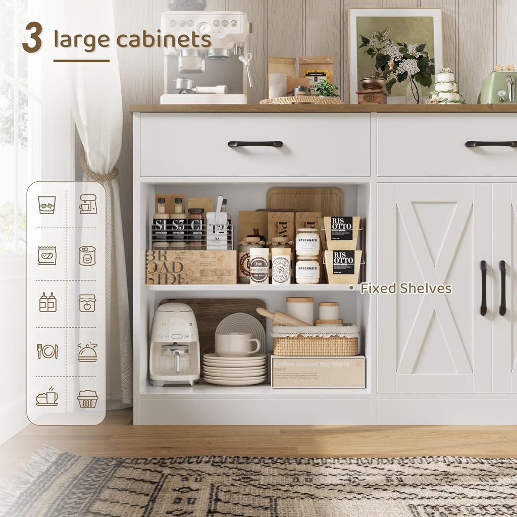 HOSTACK 71"W Farmhouse Kitchen Sideboard Buffet Cabinet with Storage, White