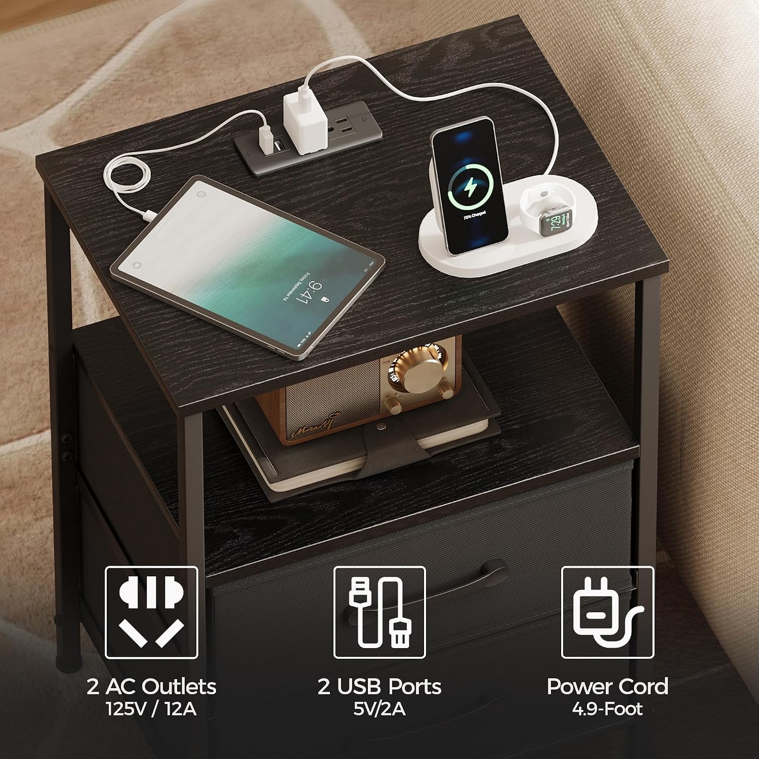TRIFEBLE Nightstands Set of 2, Night Stand with Charging Station and Led Lights, Bedside Table with 2 Fabric Drawers for Bedroom, Small Side End Table with Open Shelf, Black