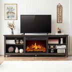 AMERLIFE 70" Fireplace TV Stand with 23" Electric Fireplace for 80" TVs | Rustic Grey, Wood Texture Finish, Farmhouse Style, Entertainment Stand, Media TV Console, Storage Cabinet, Living Room