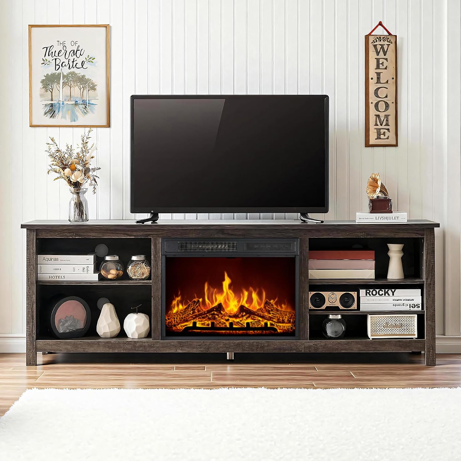 AMERLIFE 70" Fireplace TV Stand with 23" Electric Fireplace for 80" TVs | Rustic Grey, Wood Texture Finish, Farmhouse Style, Entertainment Stand, Media TV Console, Storage Cabinet, Living Room