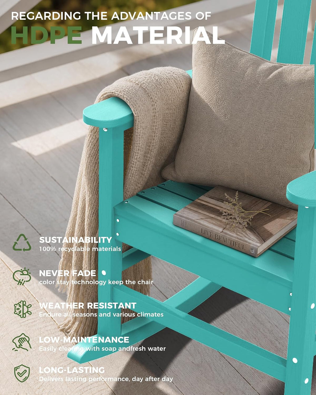 Oversized Outdoor Rocking Chair, High Back Porch Rocker Chair, HDPE All Weather Resistant Rocking Chairs for Patio, 380lbs Weight Capacity, Lake Blue