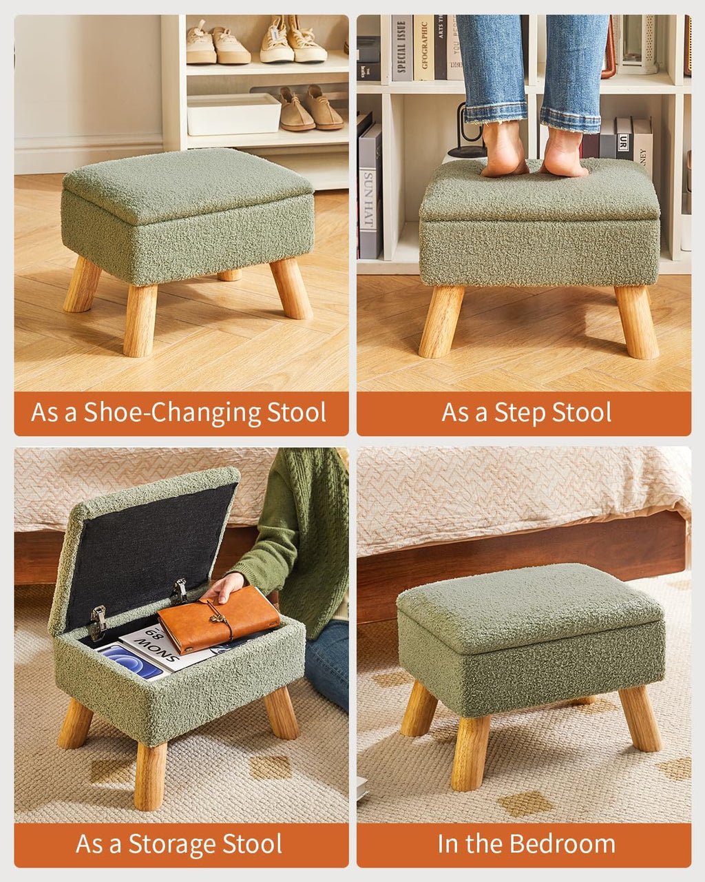 YMYNY Storage Ottoman,Small Foot Stool, 15.75"×11.81"×11.02" Green,HBD042GR | Teddy Velvet,Sturdy Wood Legs,Footstool with Padded Seat, For Living Room Bedroom Couch Entryway