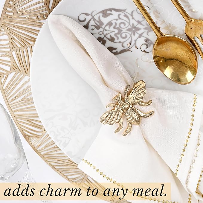 Gold Napkin Rings Set of 12 - Elegant Bee Napkin Rings with Sturdy Lightweight Metal Design - Durable & Versatile for Table Settings, Special Occasions, Decor & Gift Giving Ideas - CLEENTABLE