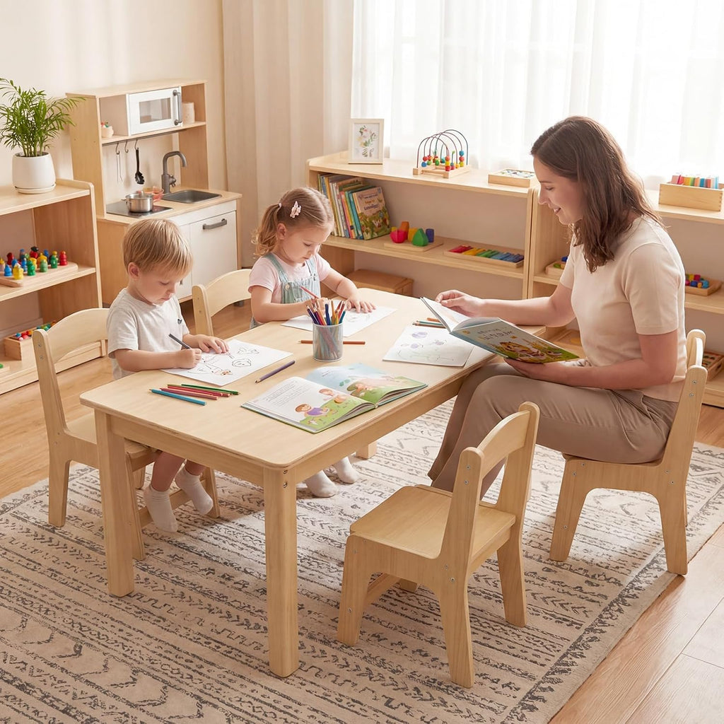 Toddler Table and Chair Set, Anti-Slip Legs & Rounded Corners, Sturdy Wooden Kids Table and Chairs for Eating, Learning and Playtime【44.3inch L*21.65 inch W】(1 Table and 4 Chairs)