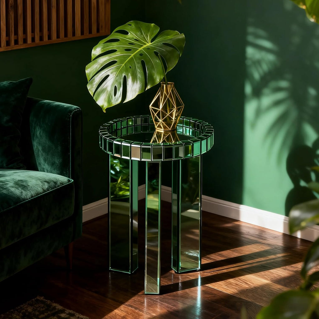 SHYFOY Green Mirrored End Table, 23" H Round Glass Side Table with Three Legs, Modern Accent Table for Living Room, Bedroom, or Entryway