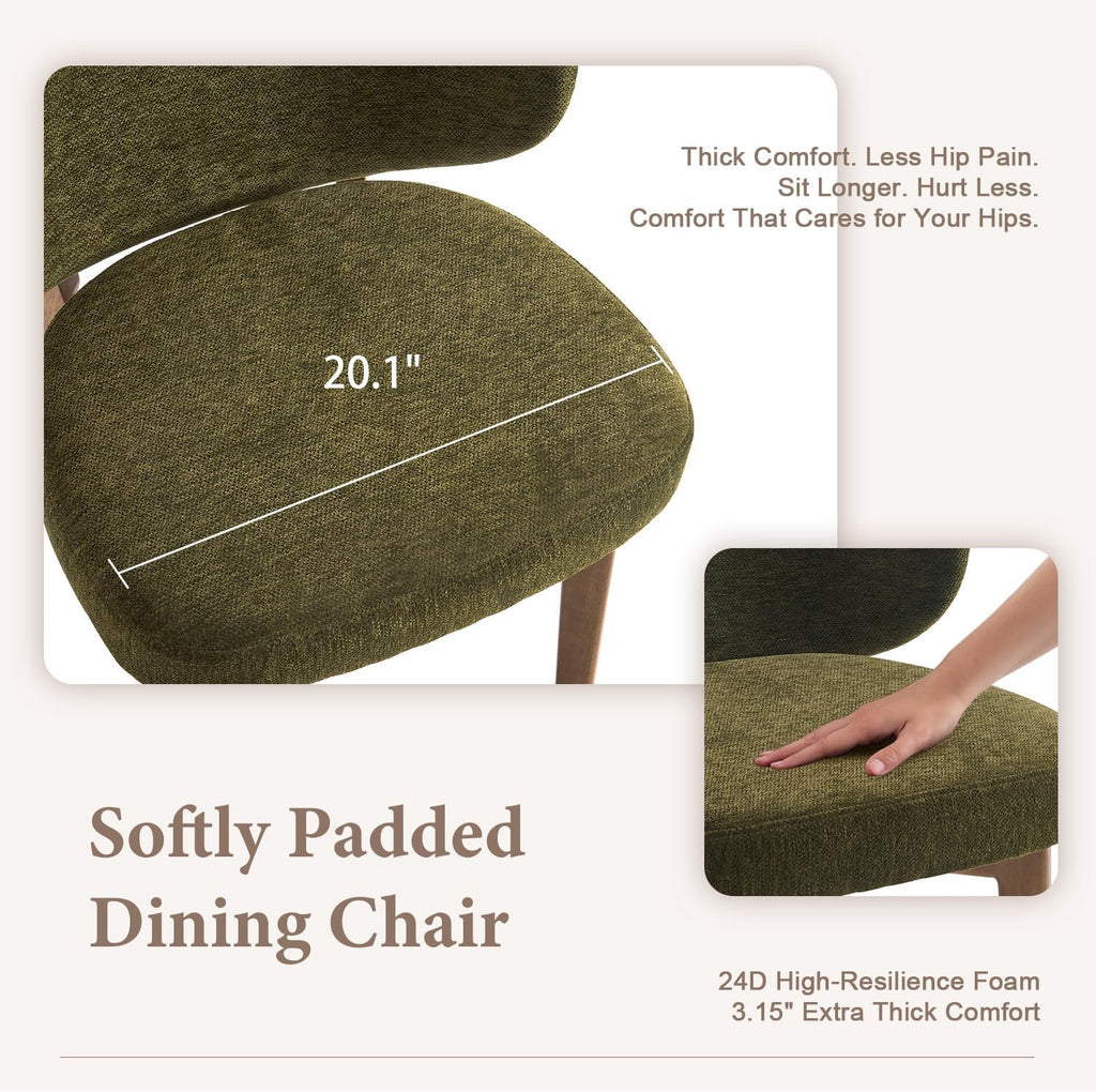 YOUNUOKE Single Dining Chair Modern Dining Room Chair Green | Upholstered Chenille Fabric Kitchen Chair, Widen Curved Backrest Comfy Side Accent Chairs with Wide Padded, Wood Legs