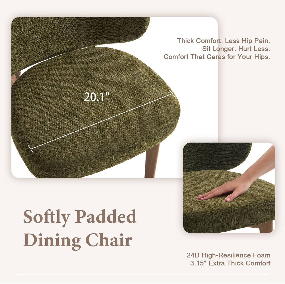 YOUNUOKE Single Dining Chair Modern Dining Room Chair Green | Upholstered Chenille Fabric Kitchen Chair, Widen Curved Backrest Comfy Side Accent Chairs with Wide Padded, Wood Legs
