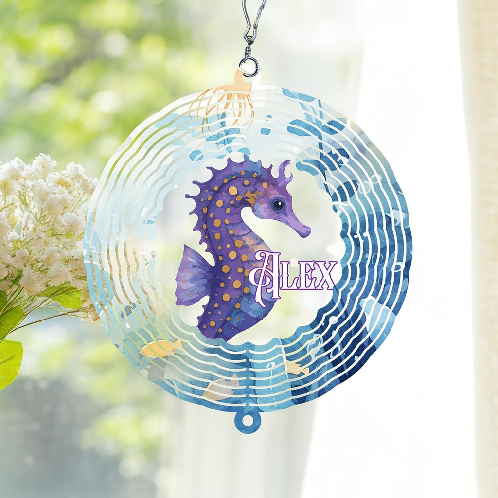 Personalized Hippocampus Wind Spinner 3D Stainless Steel, Hippocampus Garden Spinner Hanging Outdoor Decor, Wind Spinners Outdoor, Custom Gift for Grandmother, Mom, Wife