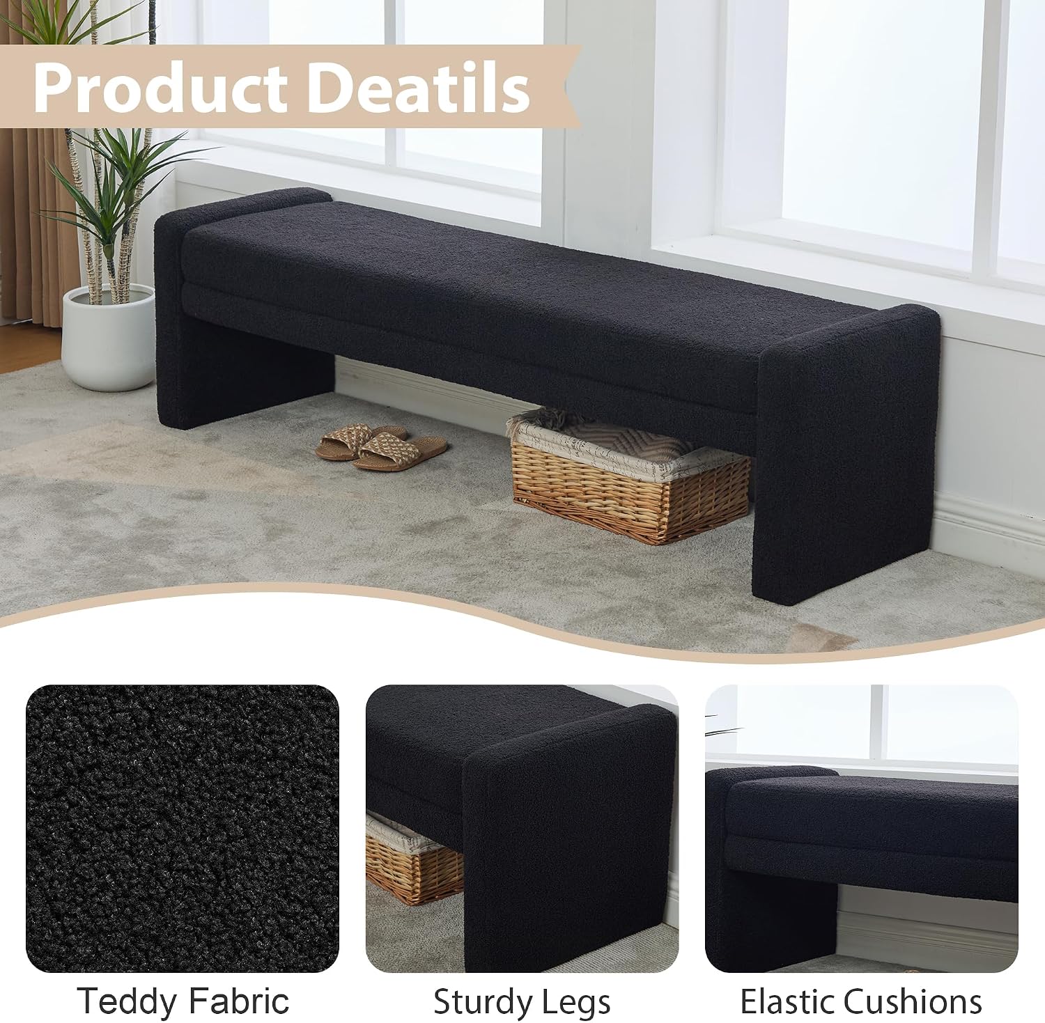 Chifee & Vingol 66.9" W Modern Living Room Bench Upholstered Bedroom Benches End of Bed Bench for Entryway, Dining Room and Living Room,Black