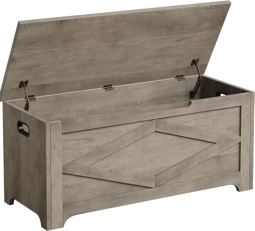 GAOMON Storage Chest, Storage Bench with Safety Hinge, Farmhouse Style Wooden Trunk for Entryway, Bedroom, Living Room, Washed Grey